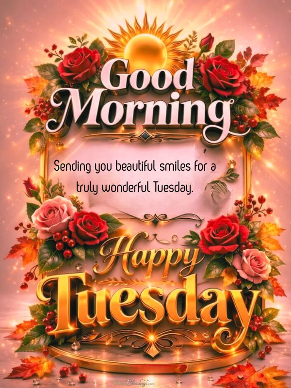 Warm Tuesday morning greetings with love, positivity, peaceful vibes, and heartfelt blessings to brighten your day.