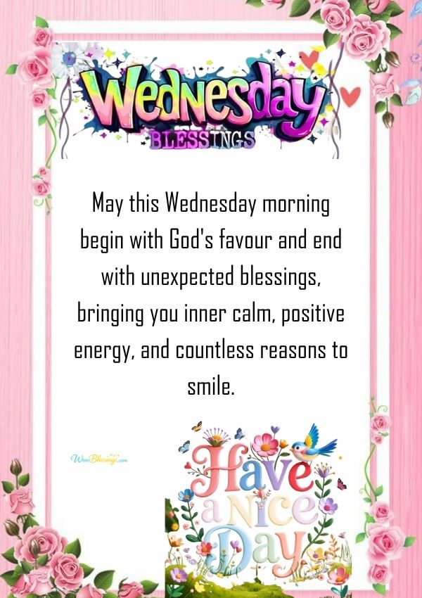 Beautiful Wednesday Blessings with prayers, uplifting Wednesday morning blessings, spiritual quotes, and peaceful good morning wishes for positivity and faith
