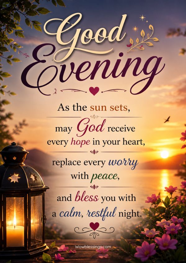 Good Evening Blessings with a peaceful sunset and heartfelt evening message