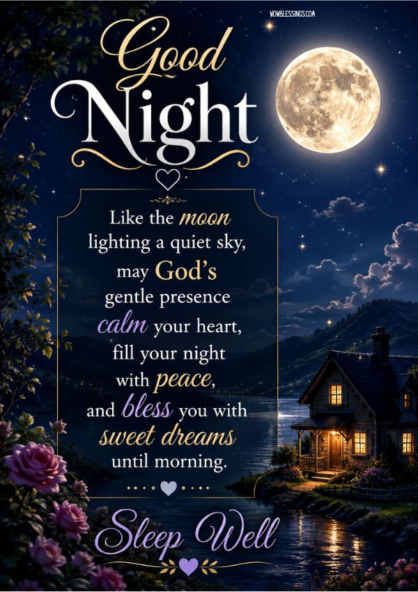 Beautiful Good Night Blessings with a peaceful nighttime scene, sweet dreams, God's grace, comforting prayers, and heartfelt wishes for restful sleep and a blessed tomorrow.