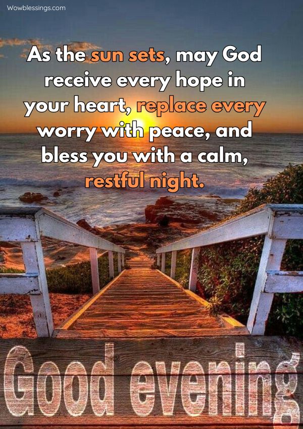 Good Evening Blessings And Prayers with a peaceful evening scene and spiritual message