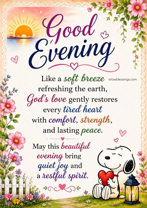 Good Evening Blessings Quotes with an inspiring sunset and peaceful evening message