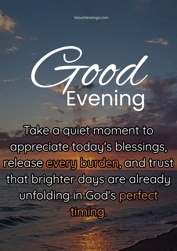 Good Evening Greetings And Blessings with a peaceful sunset and heartfelt evening message
