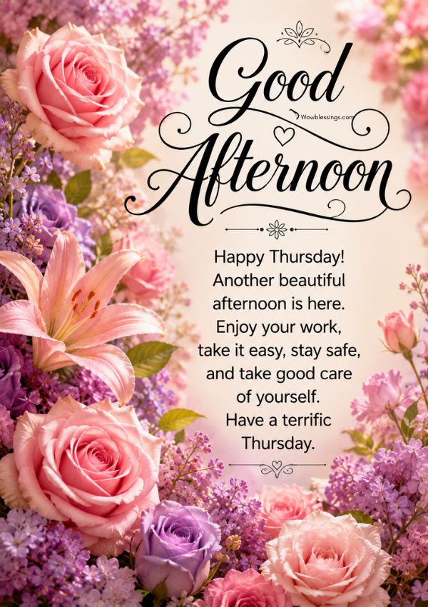 Elegant Thursday Afternoon Blessings Images​ With beautiful pink flowers and afternoon wish