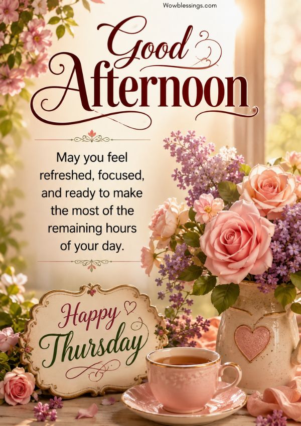 Good Afternoon Thursday Blessings with flowers and cup of tea